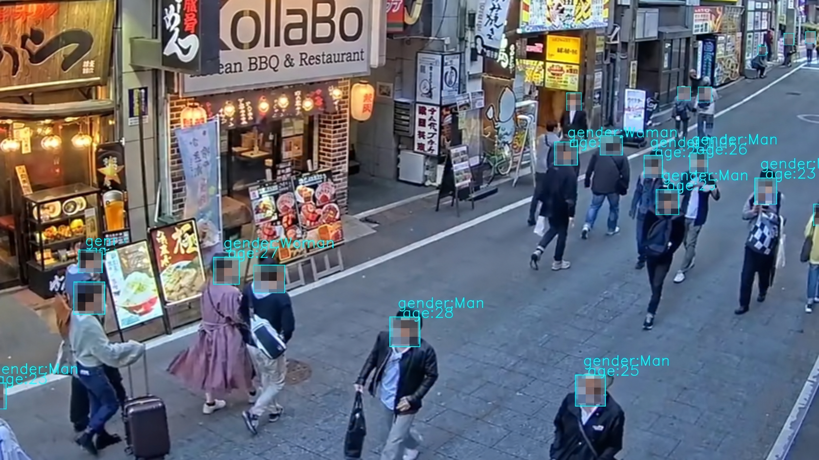 顔にモザイク処理を施したAIカメラによる人流計測のイメージ